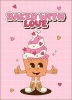 Retro groovy poster, card, banner with cute cupcake character. Cartoon mascot. Perfect for bakery, cafe and delivery. vector