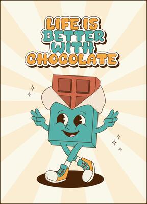 Retro poster, card, banner with chocolate bar. Cartoon mascot. Cute groovy character
