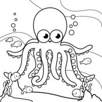 Octopus and fish swimming underwater. Cute sea animals background. Black and white coloring page. vector