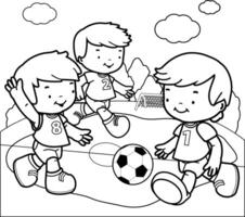 Children playing soccer. Kids football athletes play game. Black and white coloring page. vector