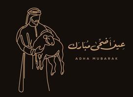 Translation Eid Adha Mubarak in Arabic language greeting card one line drawing a man carrying a sheep abstract art vector