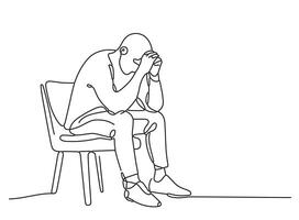 Continuous one line drawing of a sad man sitting on a chair and crying deep thinking depressed solving problem editable line stroke illustration vector