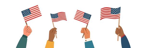 Set of american flags in human hands in flat style isolated on white background. Memorial day and Independence day concept. vector