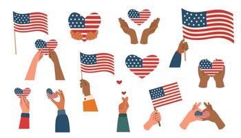 Set of hands holding american flags and hearts. Memorial day and Independence day concept. vector