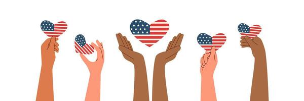 Set of hands holding american flag in the shape of heart. Memorial day and Independence day concept. vector