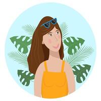 verano niña personaje, en un antecedentes de tropical plantas vector