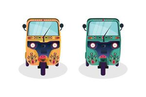 conjunto de amarillo y verde auto-rickshaw ilustraciones en India. con bicitaxi pintar en él. frente ver de tuk-tuk vector