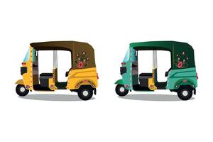 conjunto de amarillo y verde auto-rickshaw ilustraciones en India. con bicitaxi pintar en él. frente ver de tuk-tuk vector