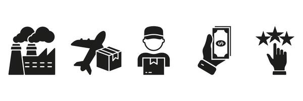 Distribution Industry Silhouette Icon Set. Business Supply Chain. Factory Production, Delivery, Payment, Rating Symbol Collection. Commercial Service Solid Sign. Isolated Illustration vector