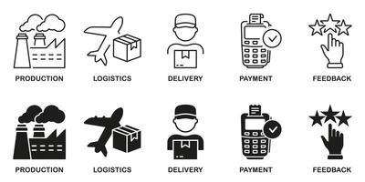 Logistics And Manufacturing Line and Silhouette Icon Set. Distribution Industry Symbol Collection. Plant Production, Delivery, Payment, Review Pictogram. Supply Chain. Isolated Illustration vector