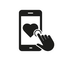 Click On Heart Shape Button In Smartphone Silhouette Icon. Like Button Glyph Pictogram. Social Media Push Notification Solid Sign. Network Symbol. Isolated Illustration vector