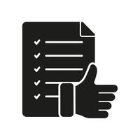 Thumb Up And Paper Document Silhouette Icon. Check And Approve Agreement Glyph Pictogram. Confirmation Solid Sign. Customer Feedback Symbol. Authorize Certificate. Isolated Illustration vector