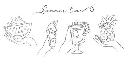 The summer food set in line art , hand holding ice cream, cocktail, watermelon, pineapple vector