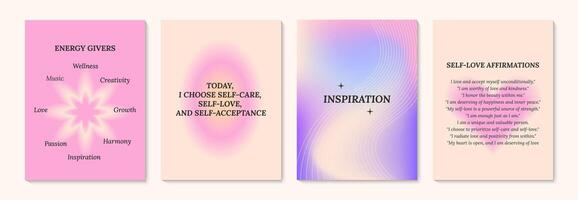 Aesthetic abstract gentle gradient background with ispiration and motivation quotes and phrases posters on blurred pattern. Modern print for social media stories, album covers, banners, templates vector