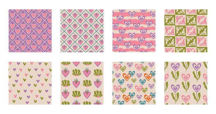 Aesthetic Retro Romantic printable groovy hearts seamless pattern. Decorative Hippie Naive 60's, 70's style Vintage modern background in minimalist style for fabric, wallpaper or wrapping