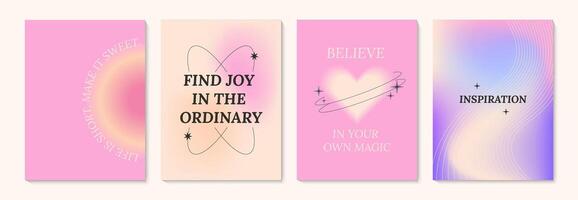 Aesthetic abstract gentle gradient background with ispiration and motivation quotes and phrases posters on blurred pattern. Modern print for social media stories, album covers, banners, templates vector