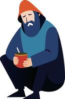 Poor man begging on street holding empty bowl and feel hungry vector