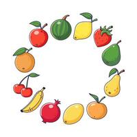 Cute Fruits round frame in cartoon style. Fruits collection. Fruits icons Circular template. Fruits circle border. Circular copy space template. Iillustration isolated on white background. vector