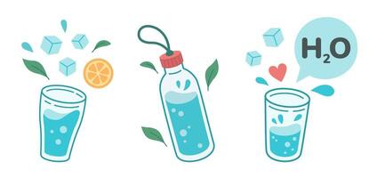 Drink more water concept, drinking water in drinking glass, glass bottle. Correct daily habits, morning rituals, detox. Zero waste. Hand drawn illustration. vector