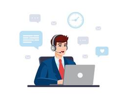 Man wearing formal suit with computer, headset. Concept illustration for support, assistance, call center, bank. Call center Operator, consultant, Manager. Illustration in flat style vector