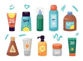 Sun protection, safe suntan products set. Sunscreen bottles, jars. Strokes of sunscreen cream strokes. Beach holidays concept. Flat design, cartoon SPF cosmetic products collection. vector