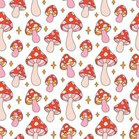 Retro seamless pattern with fantasy fly agaric mushrooms and stars. Textile design with hippie print vector