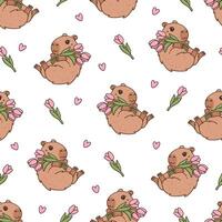 Seamless pattern with cute capybara and bouquet of tulip flowers and pink heart. Funny cartoon rodent character in kawaii style vector