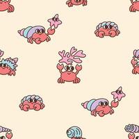 Childish seamless pattern with funny sea or marine crabs on the beach. Colorful print design in kawaii cartoon style vector