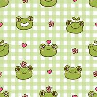 Seamless pattern with cute frog faces. Cartoon toad characters with heart, flower, green sprout vector