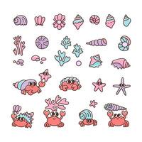 Natural Set of sea or ocean life. Undersea elements funny crabs, shells, pearls, corals, pebbles, starfish vector