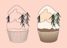 Christmas cupcake with snow-covered ginger house and rosemary trees vector