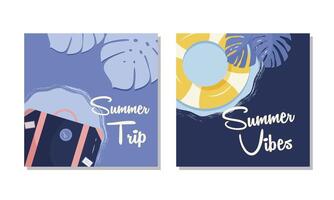 Set of summer vacation cards with a suitcase, life ring, and tropical leaves. The set is great for banners, posters, or social media posts. It is a illustration. vector