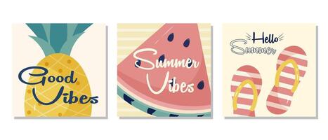 PrintSummer posters set with watermelon, pineapple, and flip-flops. illustration set collection could be used for banner or poster design. vector