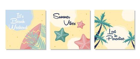 Set of summer posters with beach elements, palm trees, surfboard, and starfish on a yellow background. Flat illustrations for social media, digital marketing, or advertising. vector