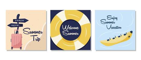 Set of summer vacation cards with beach and sea elements, including a life ring, banana boat, and suitcase. The set is great for social media posts, posters or greeting cards. It is a illustrat vector