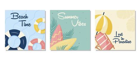 Summer posters set with beach elements, surfboards, life rings, and sun lounger. The set is great for cards, brochures, flyers, and advertising poster templates. It is a illustration set. vector