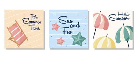 Set of summer posters with beach elements, including a sun umbrella, sun lounger, and starfish in pastel colors. The set is great for social media posts or poster template. It is a illustration vector