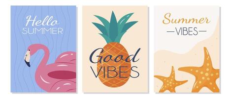 Summer posters are set with the theme of good vibes and positive energy, featuring pineapple, starfishes, and pink flamingo. It is a illustration set. vector