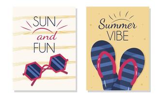 conjunto de verano carteles con playa zapatillas y Gafas de sol. verano vacaciones póster diseño modelo para web bandera, volantes, publicidad póster, o saludo tarjeta. eso es un ilustración conjunto vector