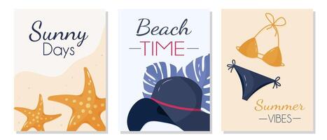 Set of summer posters with the starfish and swimming suit flat illustrations. The set is wonderful for banner or poster design. It is a illustration set. vector