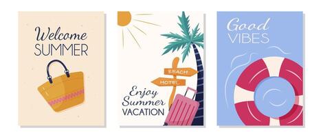 A set of summer vacation poster templates featuring a beach bag, palm tree, and life ring . It is an illustration in a minimalist style with simple design elements and a pastel color palette. vector