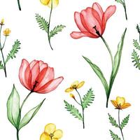 seamless pattern with transparent tulip flowers. watercolor print x-ray, red and yellow flowers vector