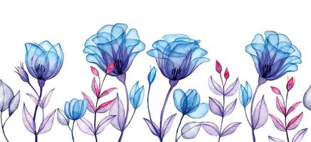 seamless border with blue transparent flowers. watercolor drawing, x-ray vector
