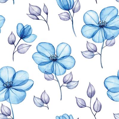 seamless pattern with blue transparent flowers. watercolor drawing, x-ray