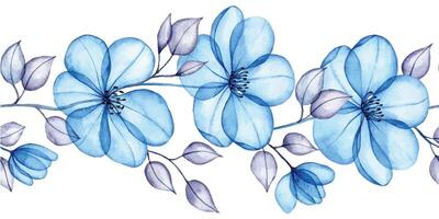 seamless border with blue transparent flowers. watercolor drawing, x-ray vector