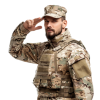 retrato de masculino soldado en camuflaje saludando en aislado transparente antecedentes png