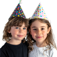 Happy birthday kids wearing birthday hat on isolated transparent background png