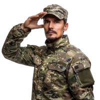 Portrait of male soldier in camouflage saluting on isolated transparent background png