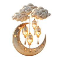 3d rendering of ramadan decoration of crescent clouds and arabic lanterns on transparent background png