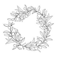 Realistic olive branches round frame wreath Line art drawing.Delicate hand drawn Olive Twigs.Botanical floral label, wreath outline drawn design element. illustration sketch style vector